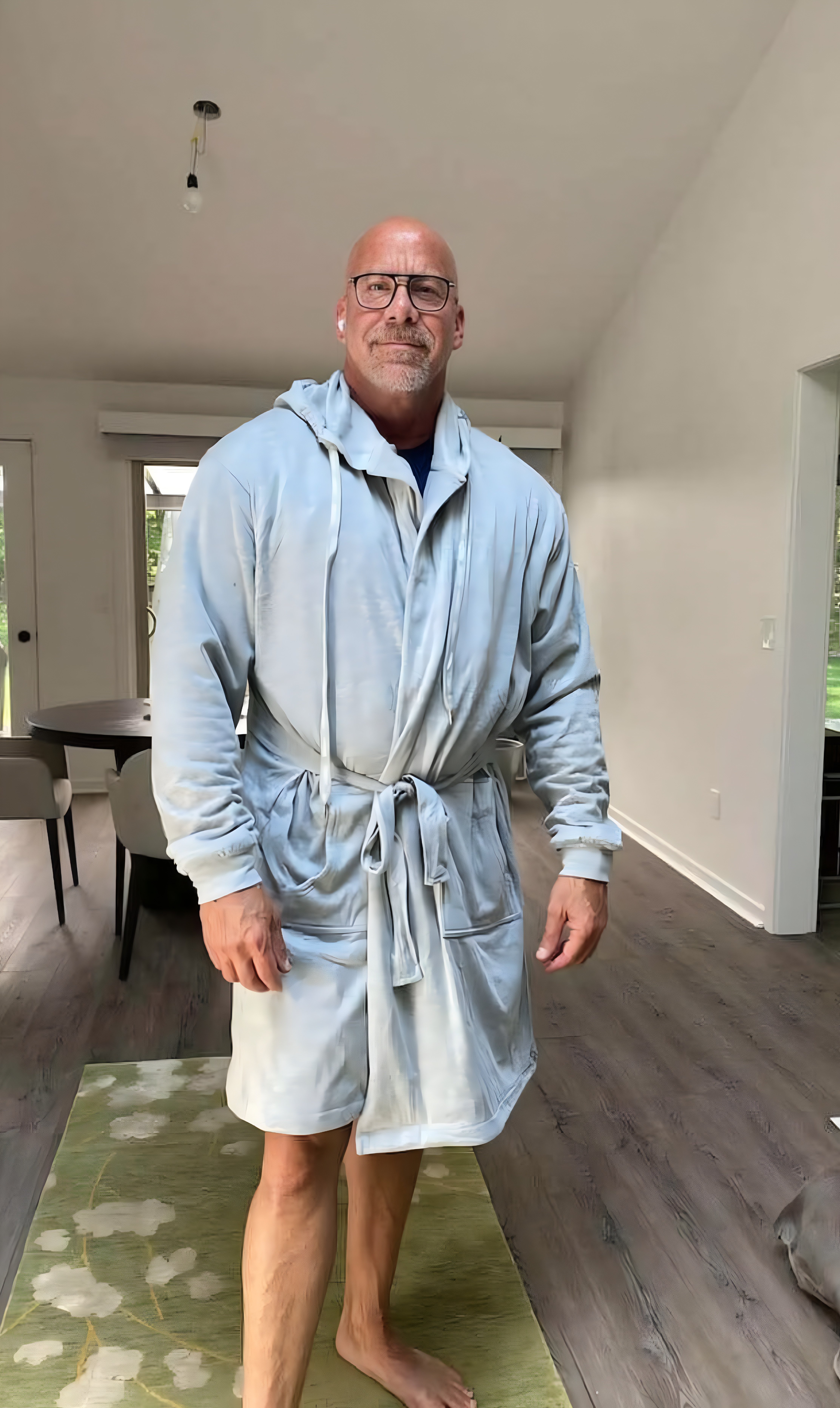 customer wearing dude robe with hood